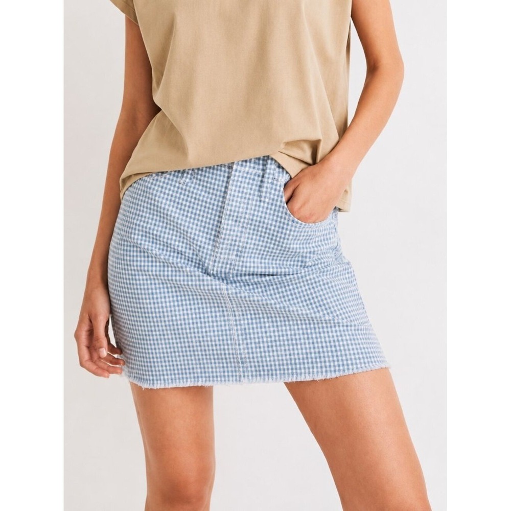 Madewell Blue Gingham Stretch Denim Straight Mini Skirt Raw Hem Edition SZ 32